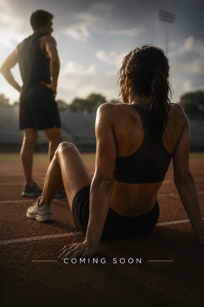 Athlete on a running track in a dramatic sports portrait scene with “Coming Soon” text at the bottom.