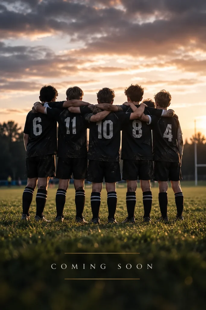 Sports team standing together in a huddle on a field at sunset, used as a coming soon placeholder for team sports photography.