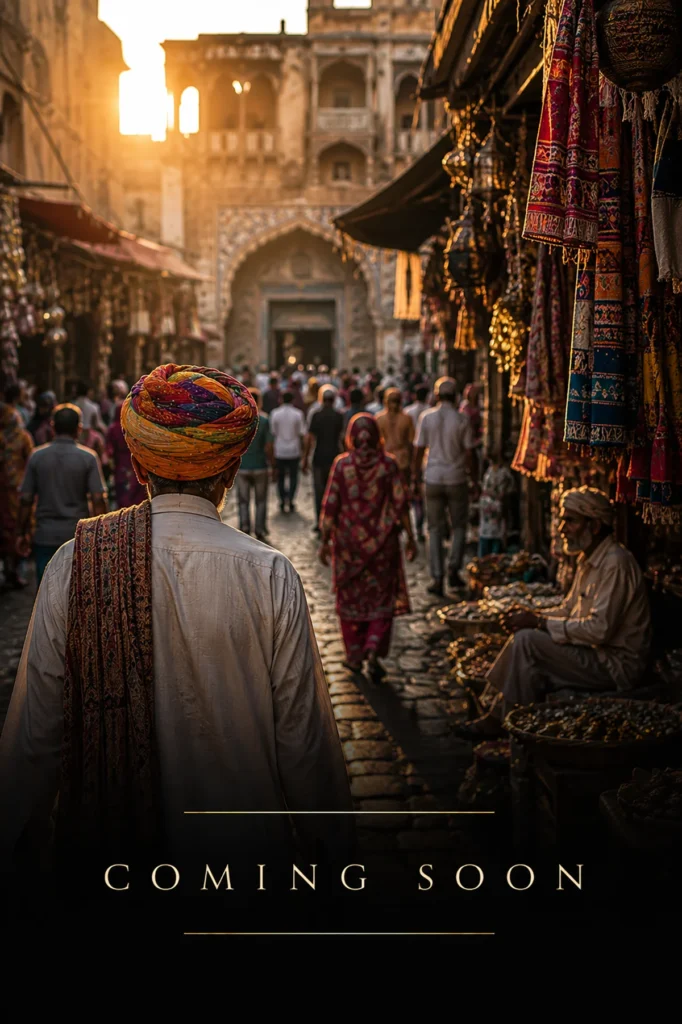 Busy traditional market with local people, colourful textiles and historic architecture, used as a coming soon placeholder for travel people and culture photography.